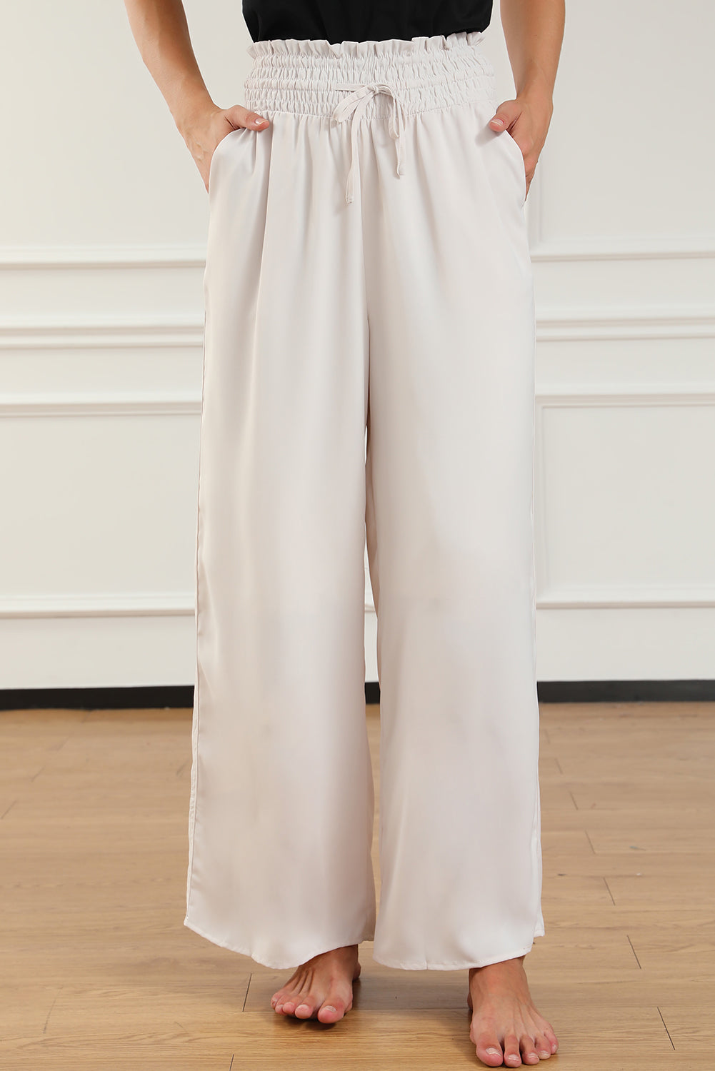 Beige Smocked High Waist Wide Leg Pants