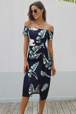 Blue Off Shoulder Bodycon Midi Dress With Slit In Printed Pattern