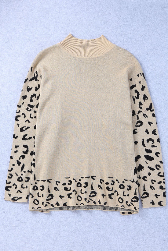 Oversize sweater khaki leopard with high collar *