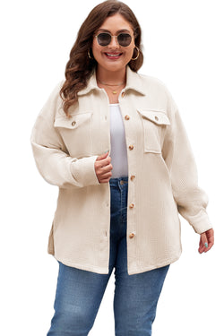 Plus Size Oatmeal Textured Buttoned Flap Pocket Jacket