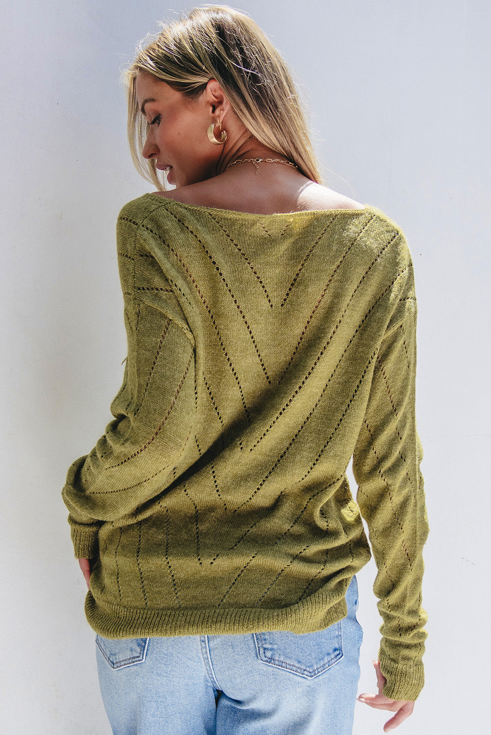 Sage Green V-Neck Drop Shoulder Sweater with Plain Eyelets