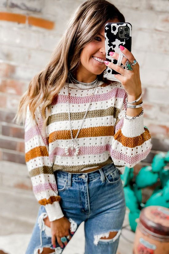 Blot knitted sweater hollowed out with multicolored stripes