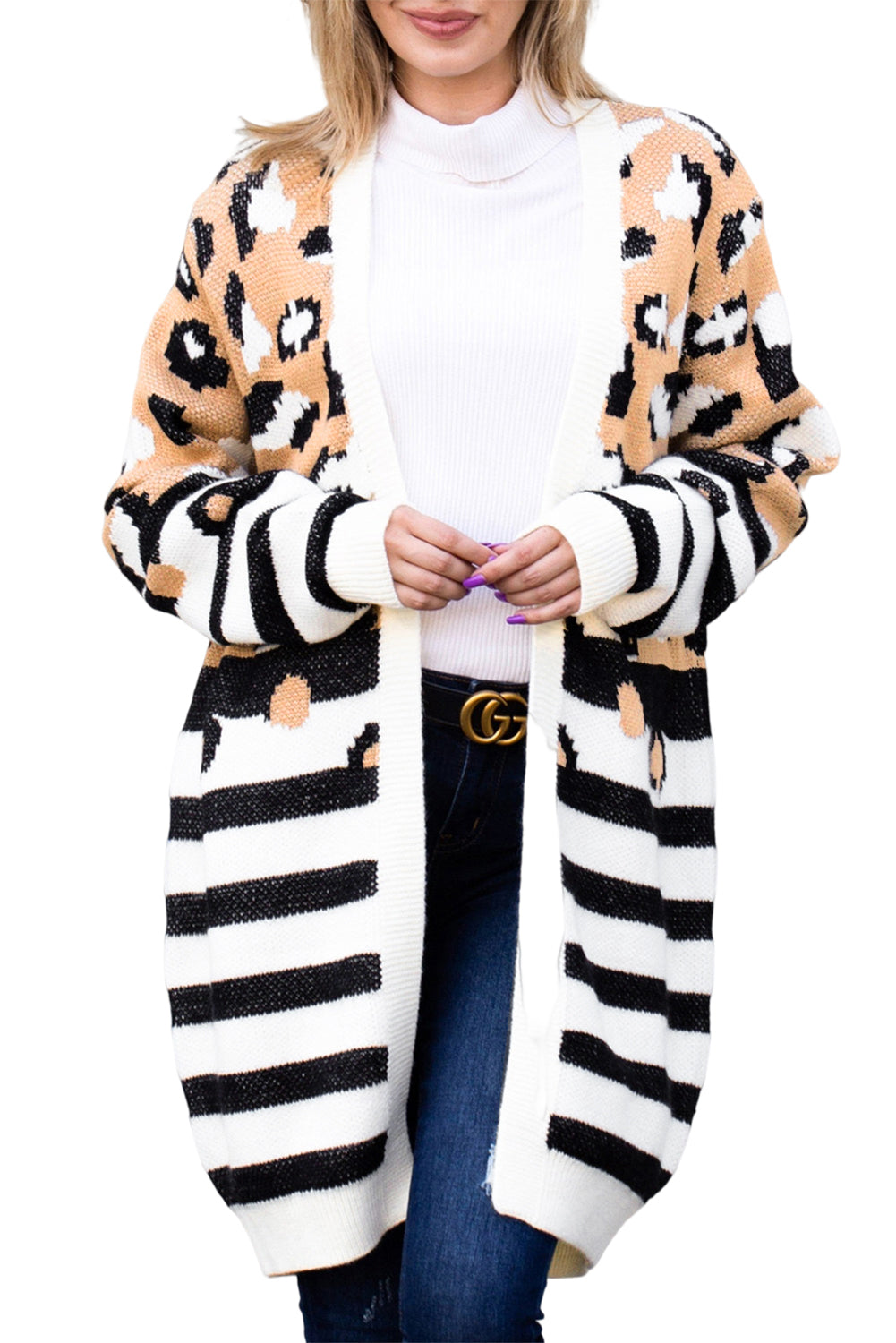 Cardigan frontale aperto a strisce leopardate marrone