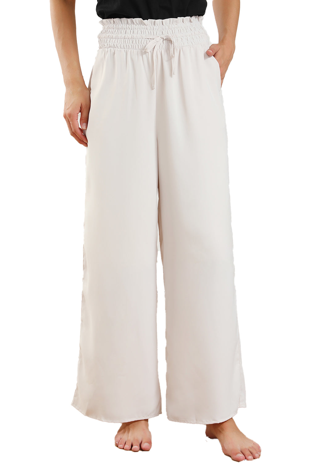 Pantalon large smocké beige taille haute