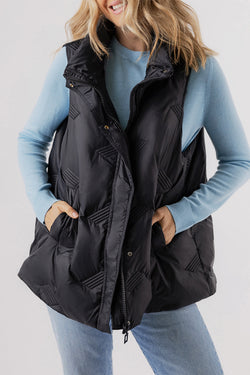 Black quilted jacket with high collar and zipper