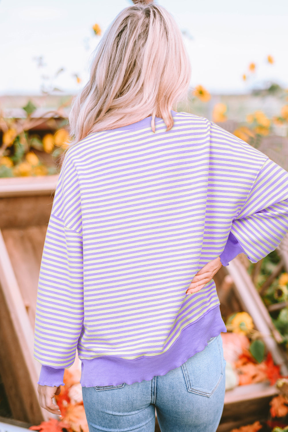 Purple Striped Drop Shoulder Long Sleeve Top