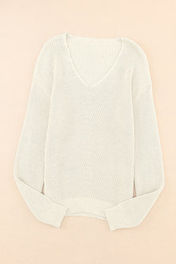 Pull beige en maille côtelée à col en V