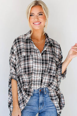 Oversize black shirt checkered and pockets