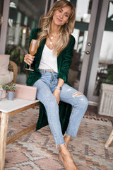 Long open green velvet duster with front pockets