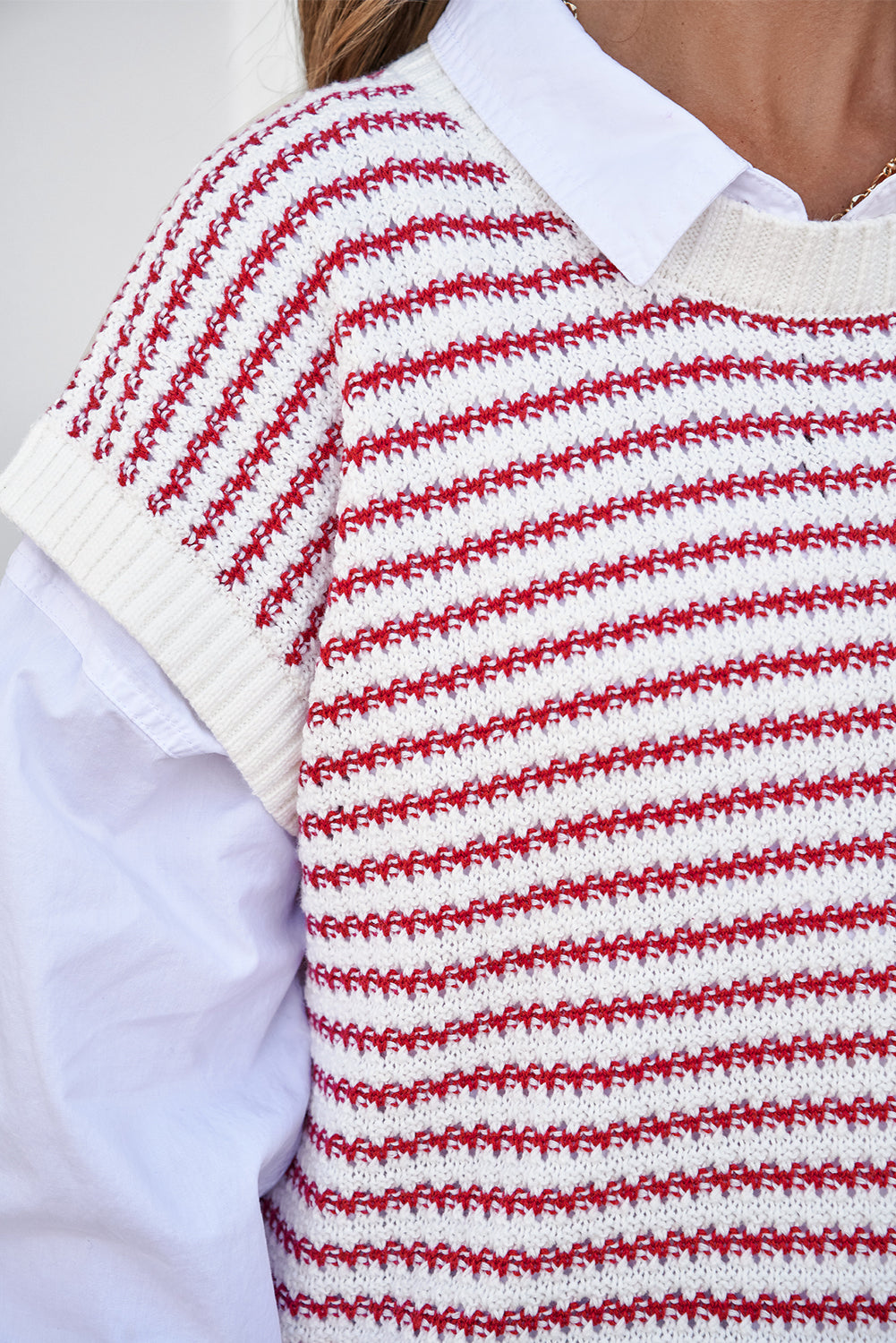 Red Stripe Ribbed Trim Loose Fit Knitted Sweater Vest