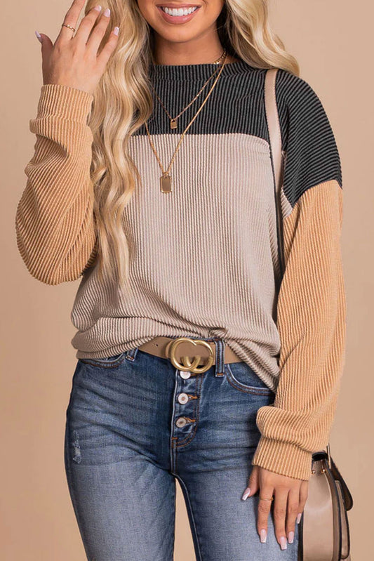 Black Color Block Long Sleeve Ribbed Loose Top