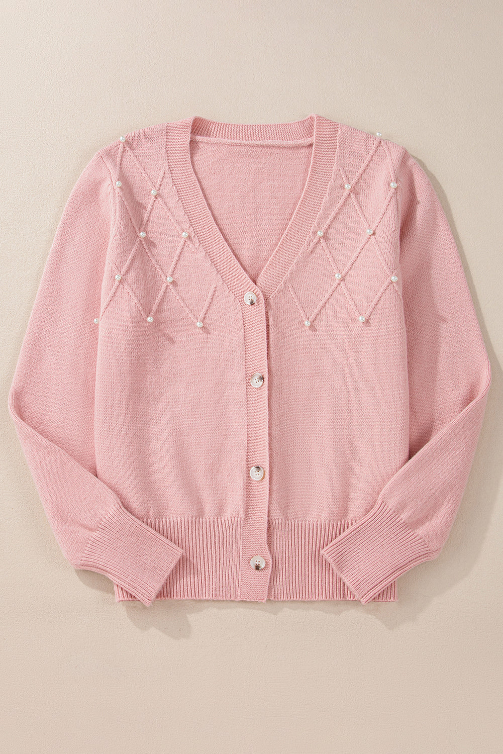 Textured Knit Button Cardigan with Pearls and Sepia Pink Beads