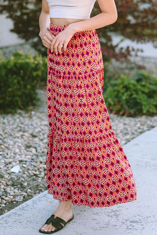 Long skirt with several levels with floral print bohemian vintage pink