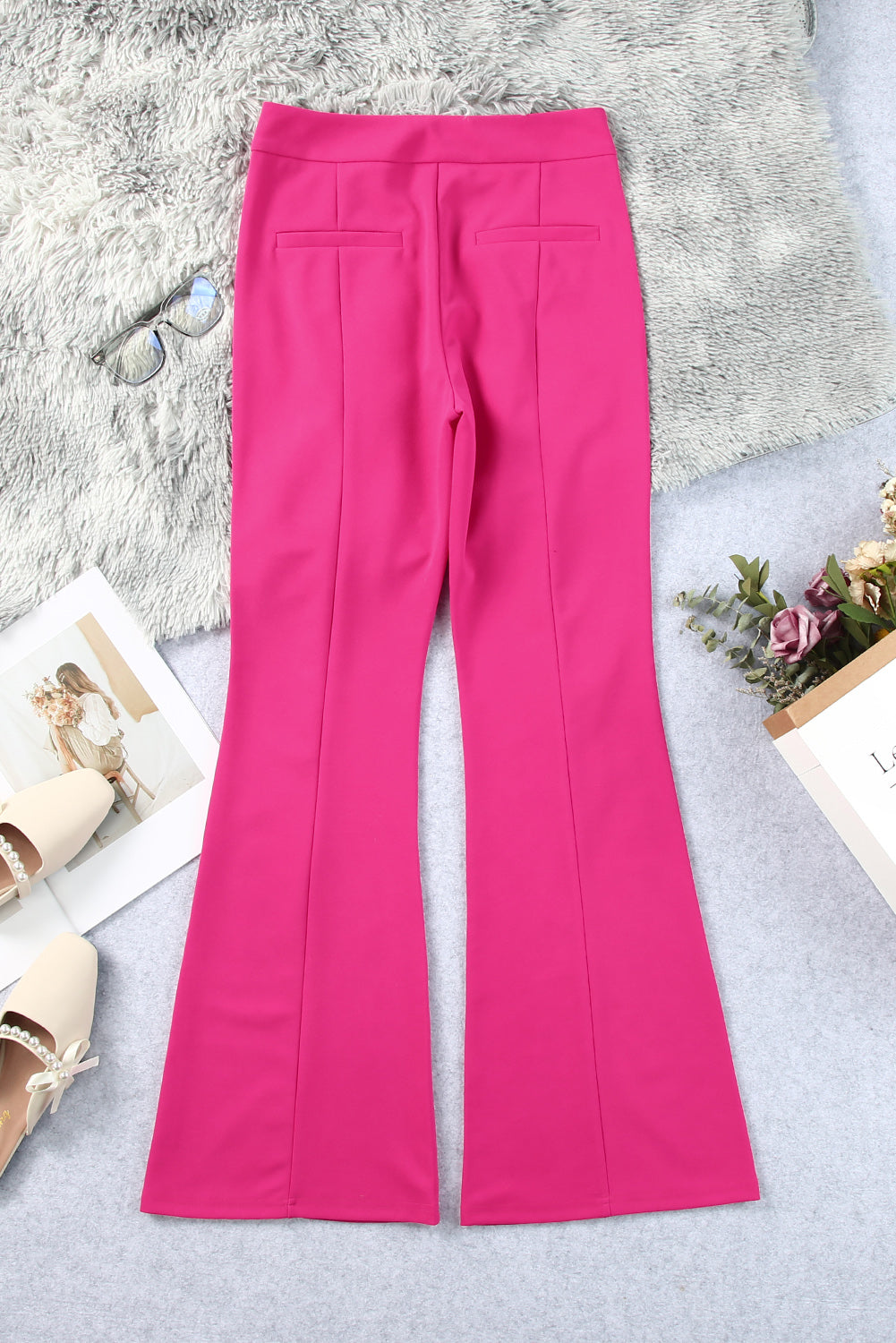 Pantalon taille haute rose à ourlet fendu