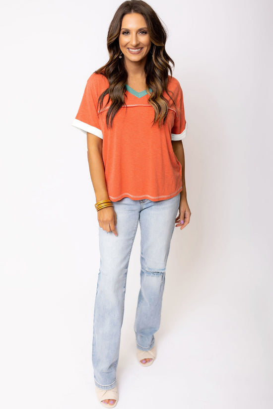 V-neck t-shirt with exposed seams *