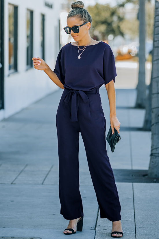 Oh So Glam Blue Wide Leg Belted Jumpsuit