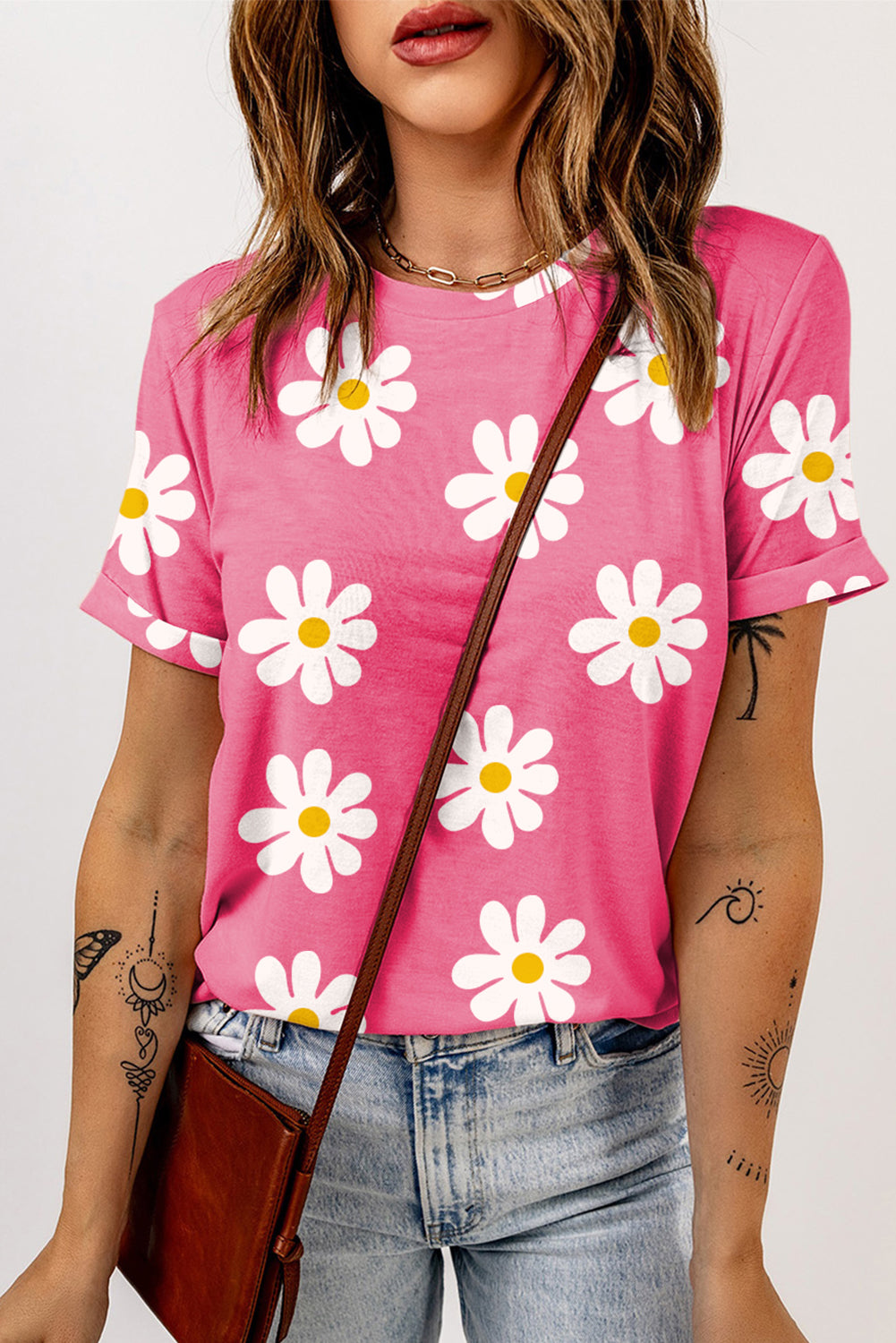 Pink Daisy bedruckte Crewneck T -Shirt