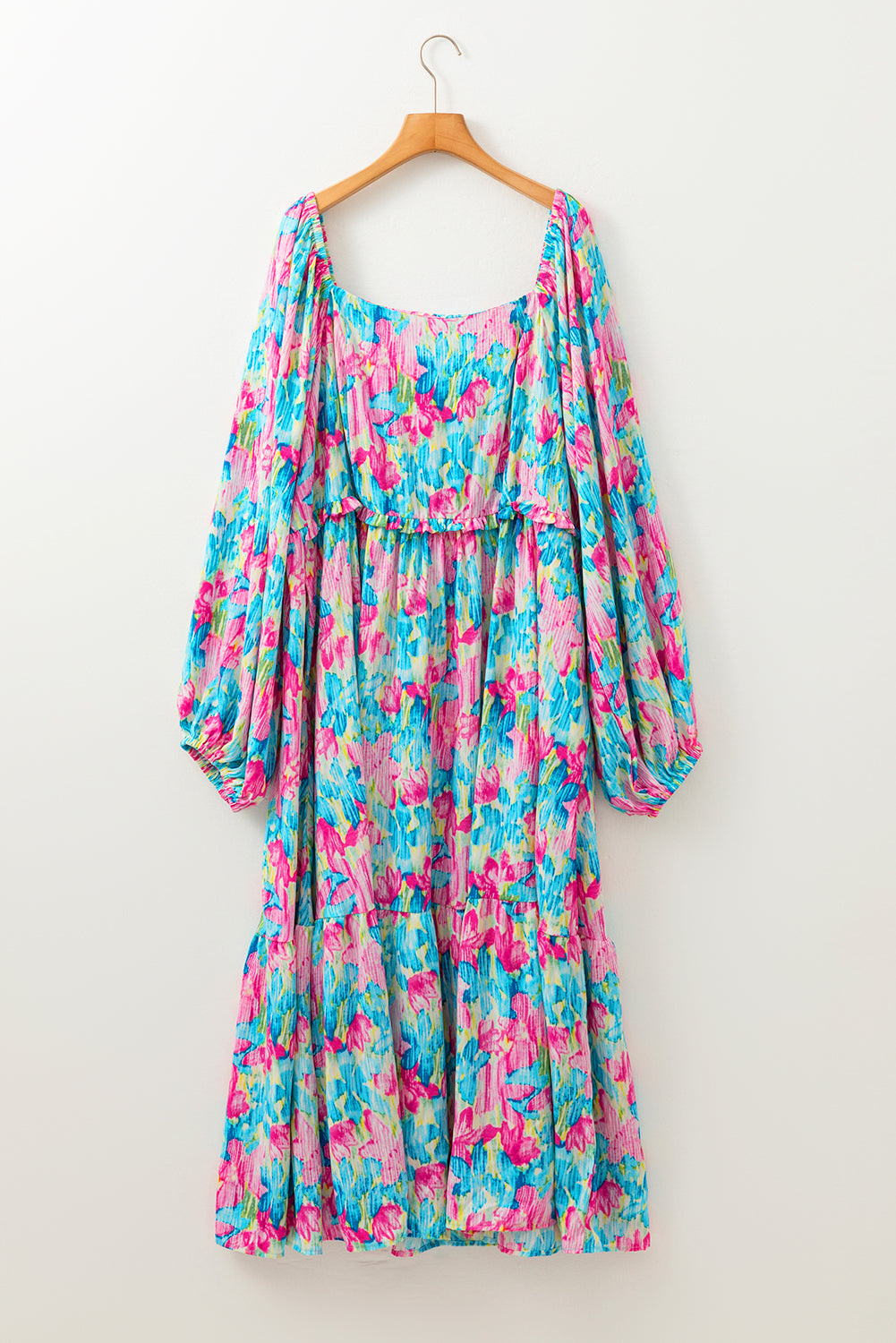 Robe longue à imprimé floral et col carré froncé de grande taille bleu ciel