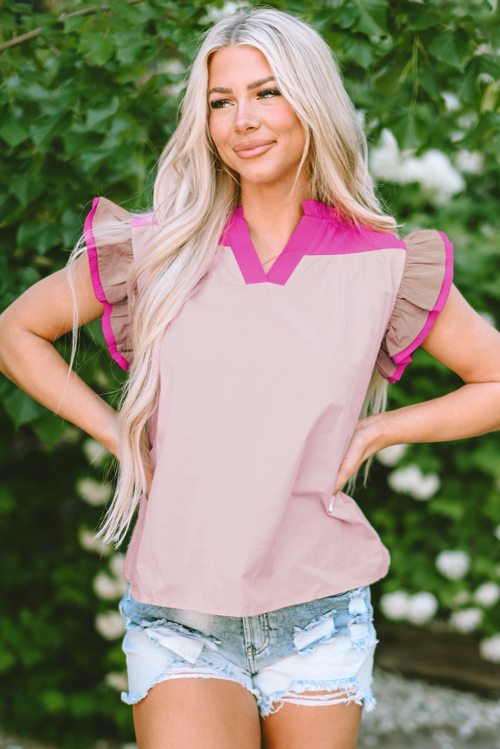 Pink Colorblock Ruffenhülse Frill gegen Nackenbluse