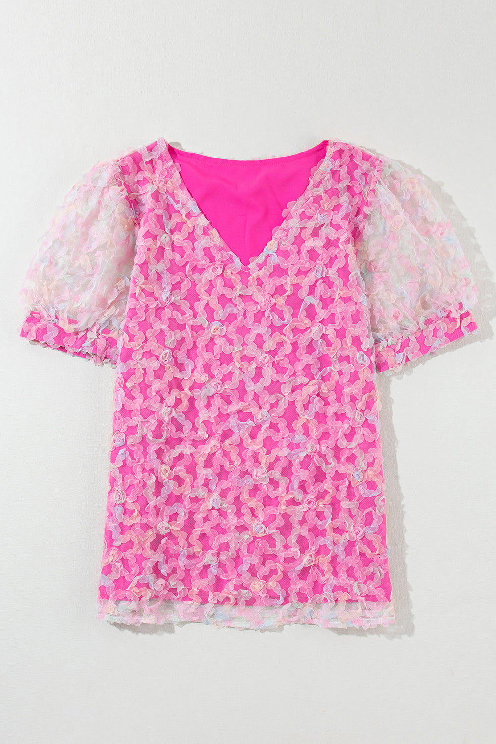 Blusa de manga de hojaldre corta de malla floral de Bonbon