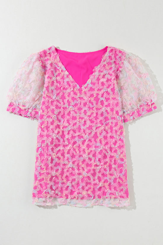 Blouse à manches courtes bouffantes en maille fleurie Bonbon