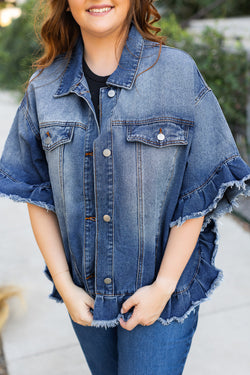 Plus Size Peacock Blue Frayed Short Sleeve Denim Jacket