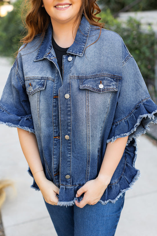 Chaqueta de mezclilla de tamaño grande con mangas cortas y pavo real azul con sabor