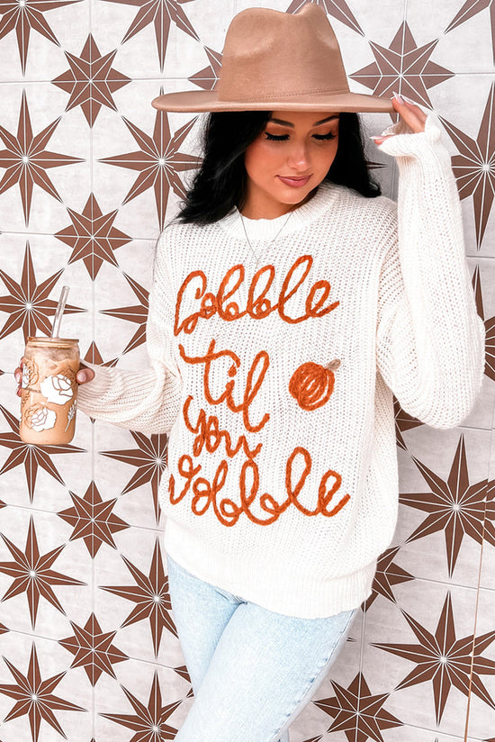 White Gobble Til You Wobble Pop Up Crochet Sweater Large Size