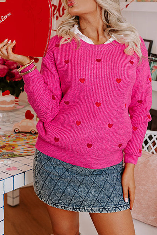 Pink Red Heart Shaped Crew Neck Drop Shoulder Sweater