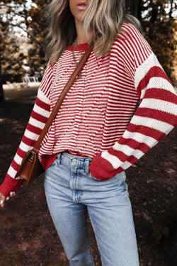 Red Striped Textured Drop Shoulder Sweater