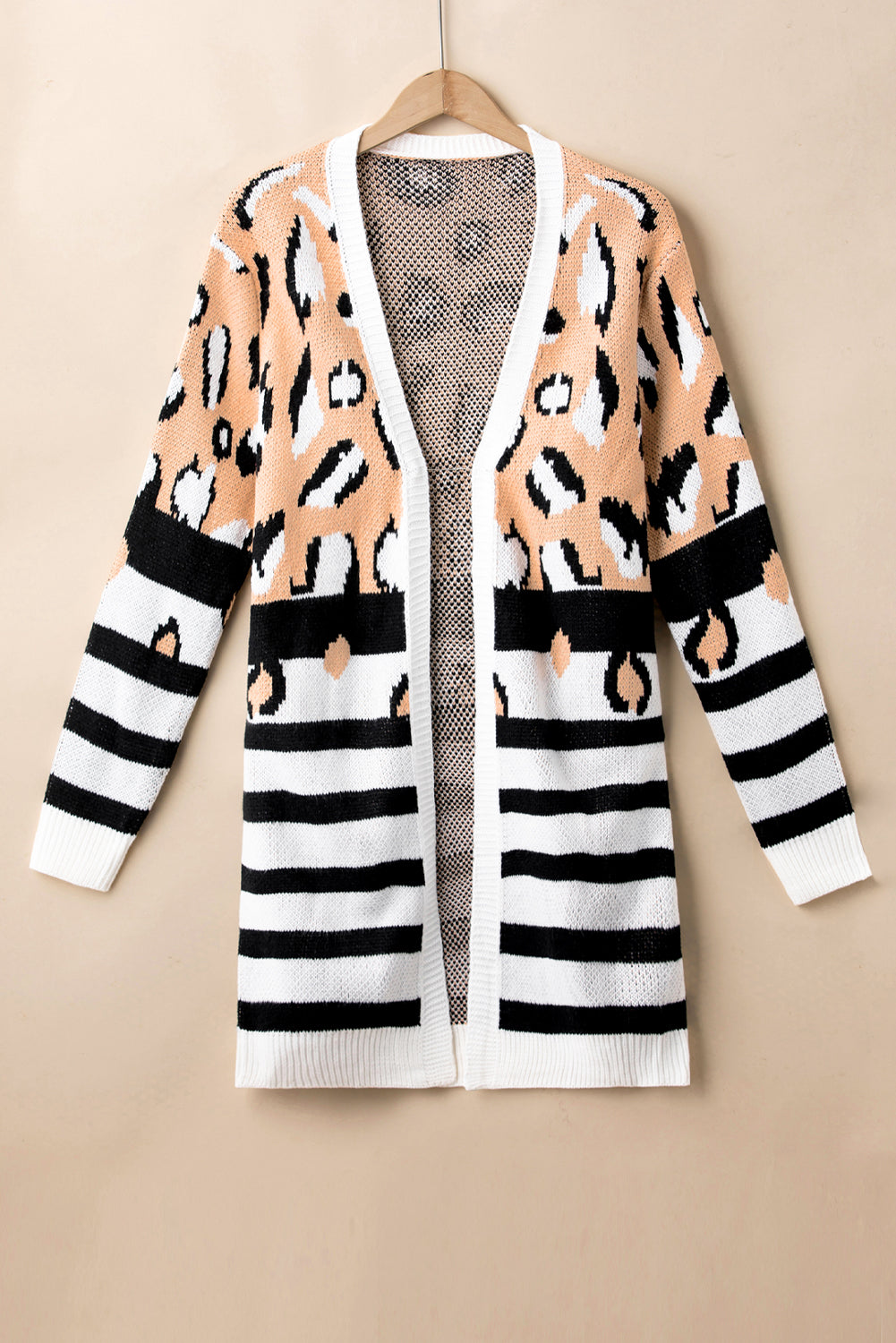 Cardigan frontale aperto a strisce leopardate marrone