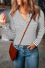 White Striped Button Down V-Neck Long Sleeve T-Shirt