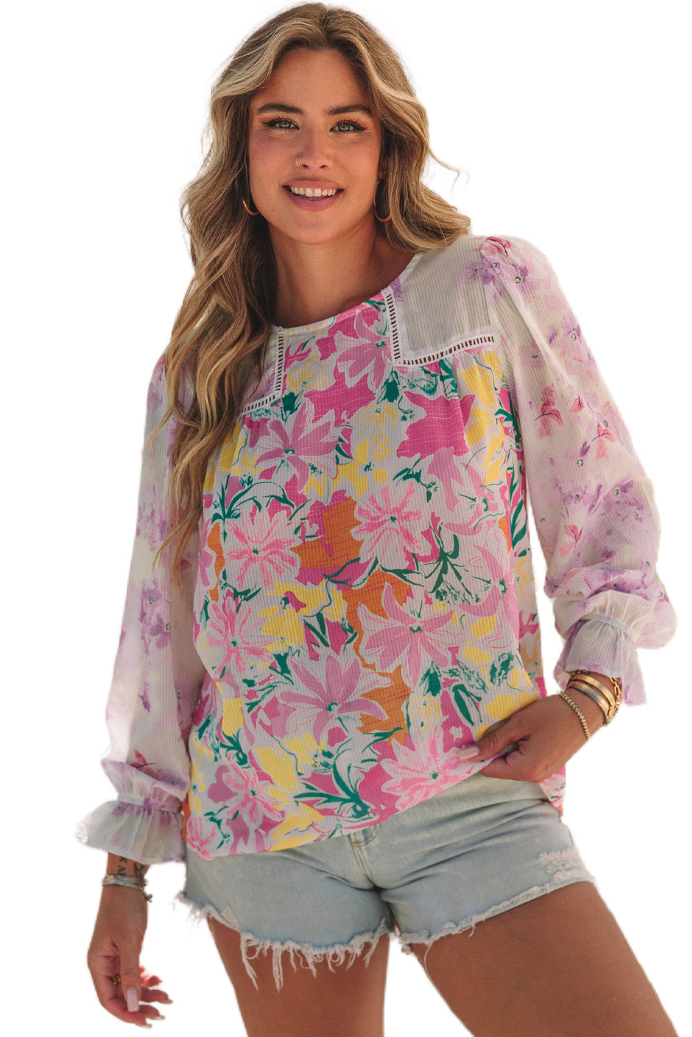 Lila Blumen Patchwork Spitzenverzierbluse