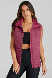 Burgundy Plush Collar Zip-Up Quilted Down Jacket