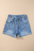 Twilight blue high waisted denim shorts with button fly and rolled cuffs