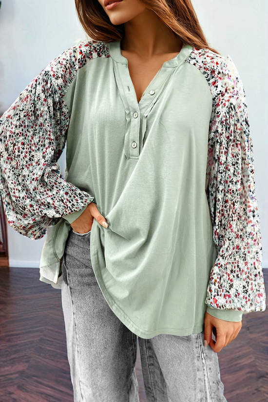 Meadow Mist Green Contrast Print Bubble Sleeve Loose Henley Top with Slits