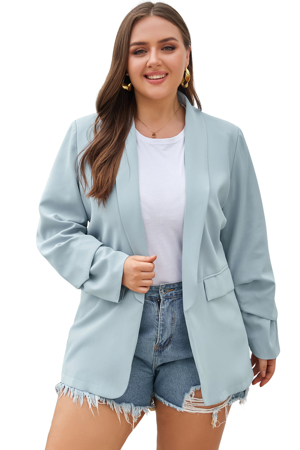 Sky Blue Plus size Blazer in tasca leggera leggera morbida