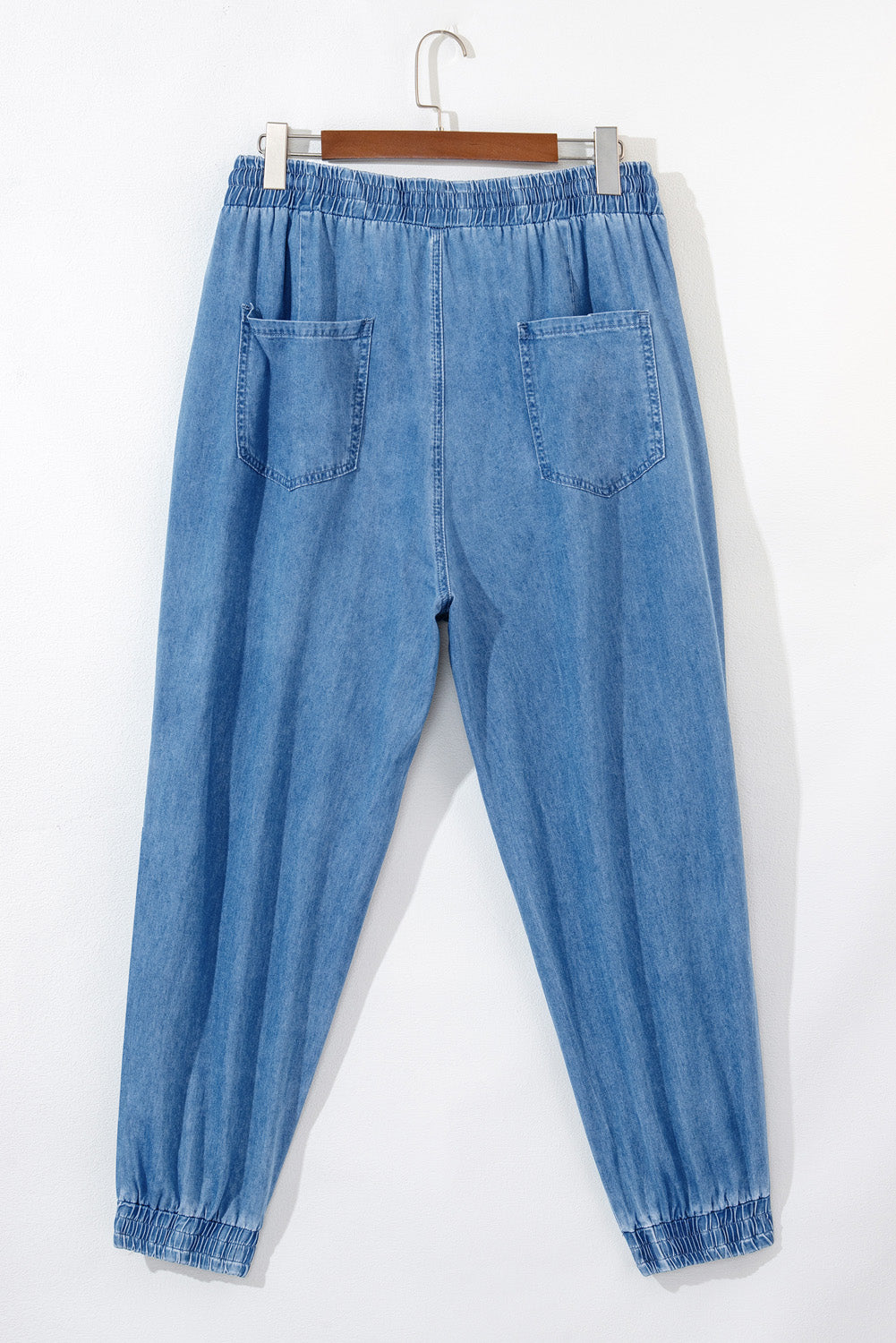 Dusk Blue Denim Jogger Pants with Waist Pockets and Oversized Drawstring