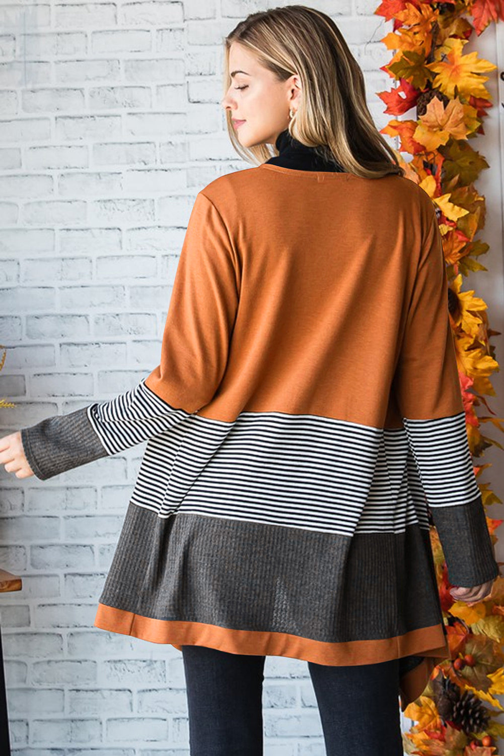 Cardigan ouvert patchwork rayé color block orange