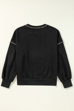 Black Drop Shoulder Sweatshirt with Contrast Rainbow Trim