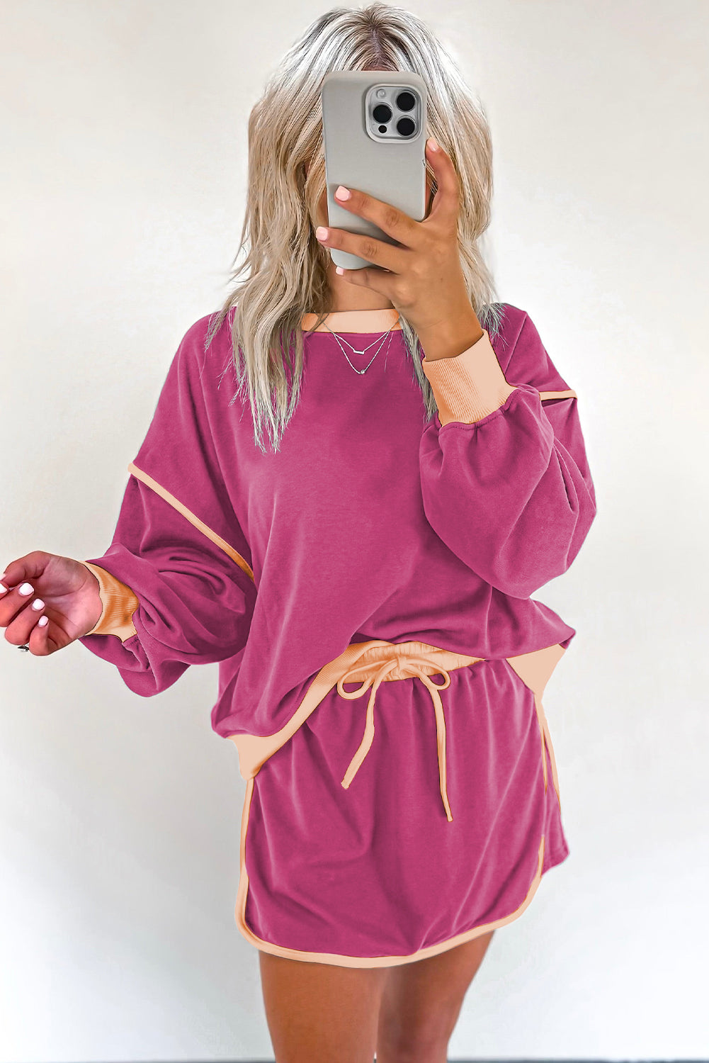 Pink -colored large -colored sweater set *