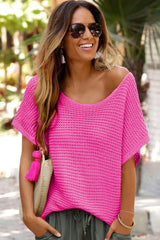 Pull rose uni à manches courtes en tricot ample et dolman