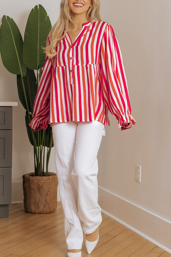 Orange striped blouse, balloon sleeves, notched v collar, buttoned on the front