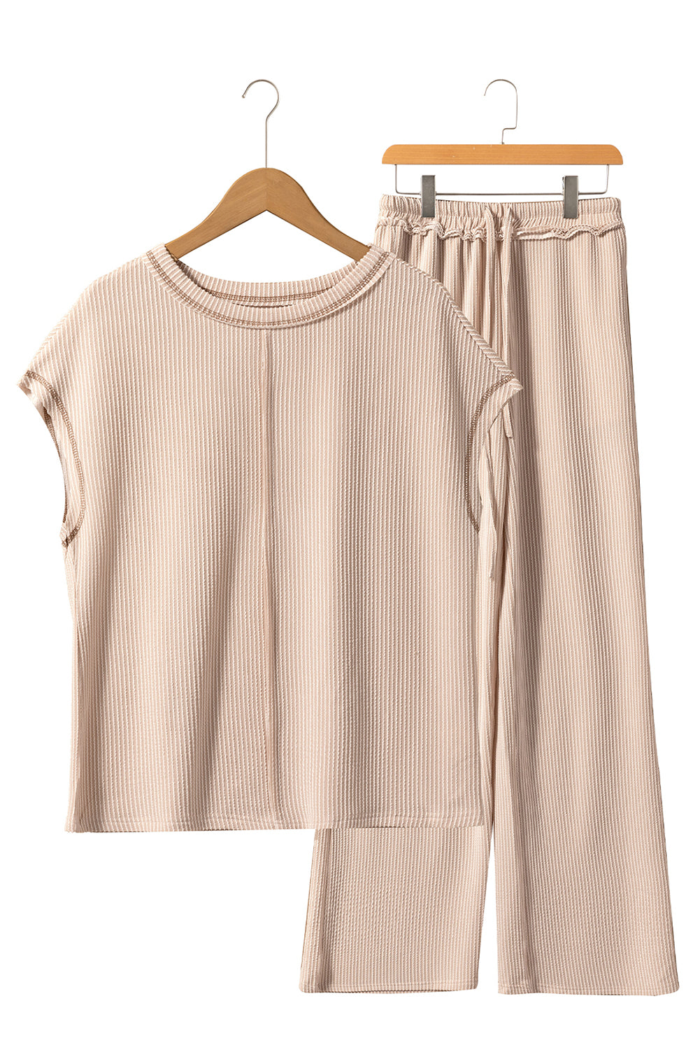 Parchment Exposed Seam Ribbed Tee and Pants Two-piece Outfit