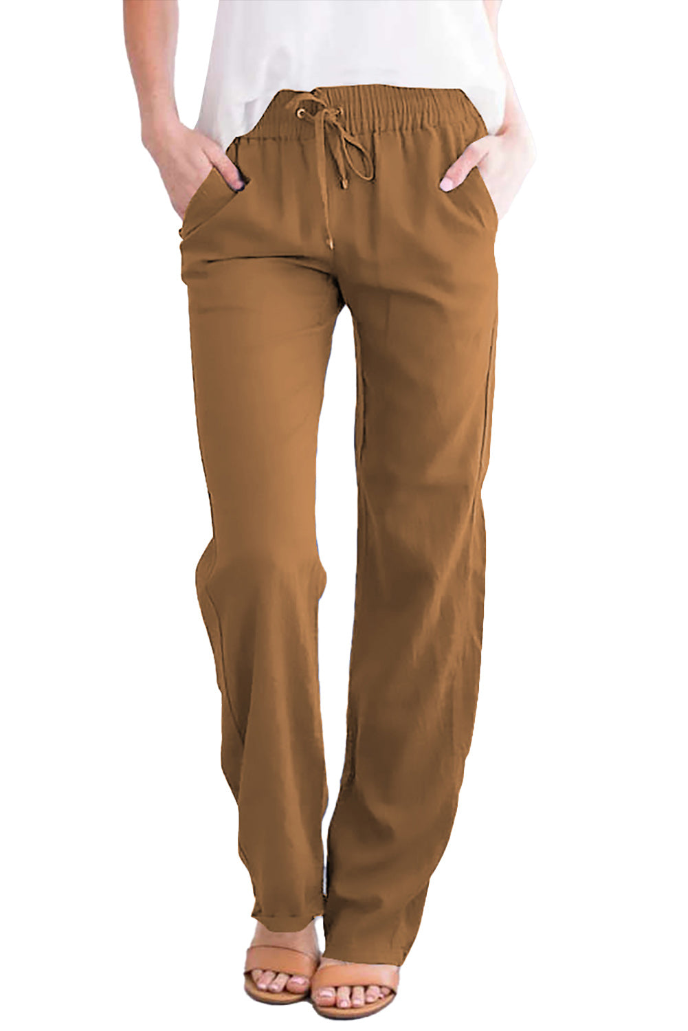 Pantalon marron avec cordon de serrage et poches élastiques à la taille, longues jambes droites