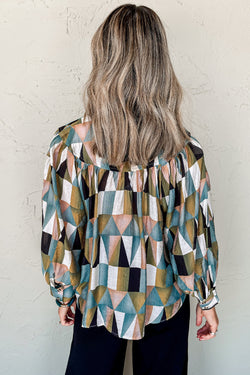 Ballooned Green Geometric Print Greek Sleeve Shirt