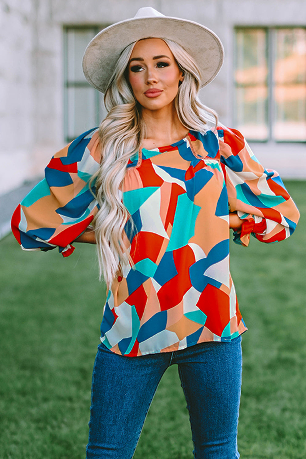 Multicolore Abstract Pattern Crewnack Clewle Sholeve Blouse