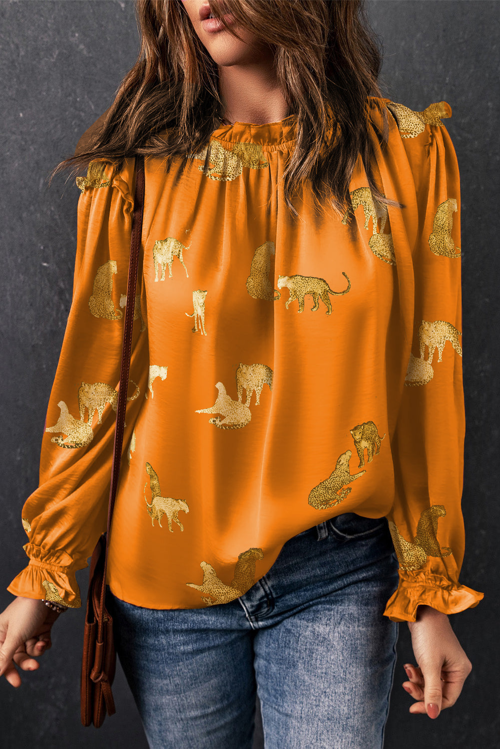 Blouse à manches à volants imprimées orange guépard