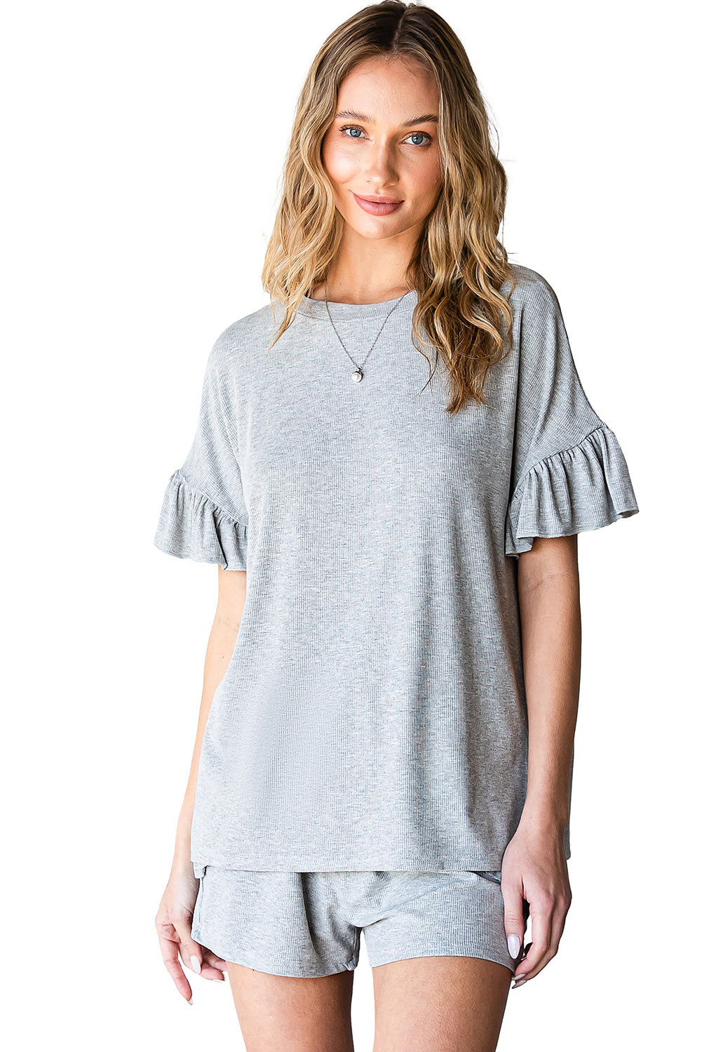 Gray Ribbed Knit Ruffle Trim Casual Short Set