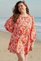 Mid-length orange dress with floral print, large size *